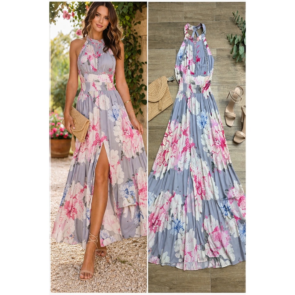 JAASE Floral Halter Maxi Dress Purple Pink Blue Sz M Crochet Trim Smocked Waist